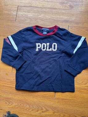 Ralph Lauren Navy Long-Sleeve 'POLO' Tee with Burgundy Trim